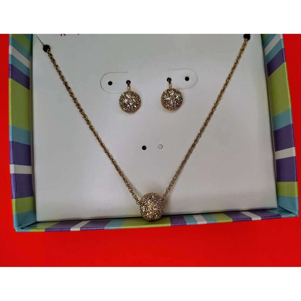 Kim Rogers Jewelry Set Necklace Earrings Gold Tone Crystal Ball Gift Boxed 18" N